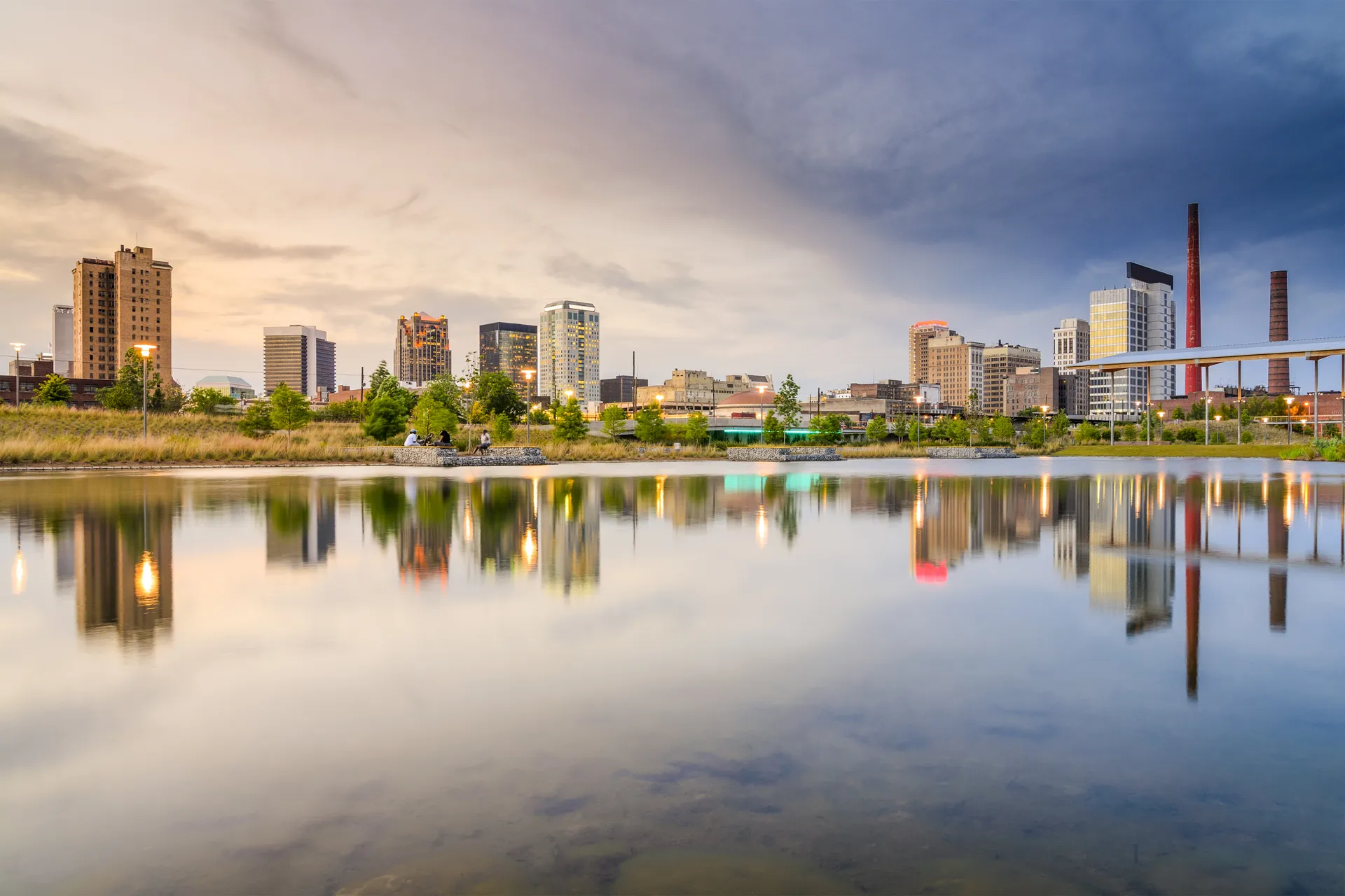 Birmingham, Alabama skyline reflected in the lake at Railroad Park
