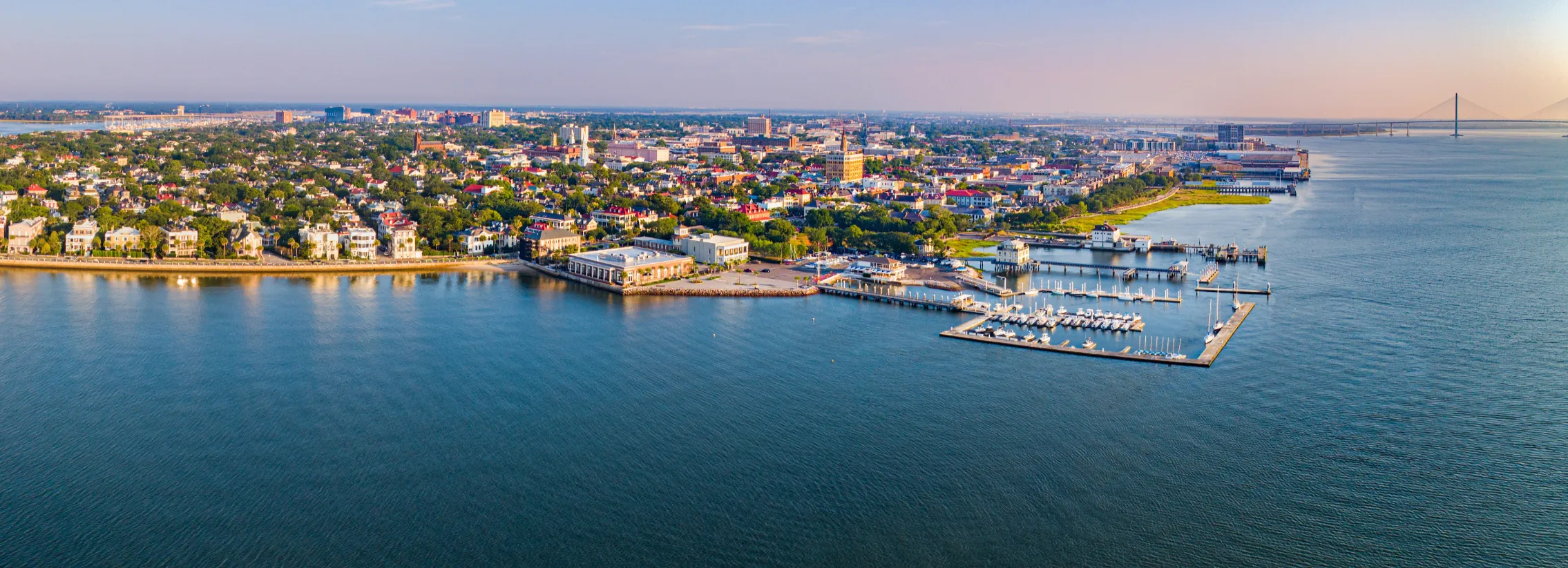Aerial view of Charleston Harbor and the South Carolina coastline
