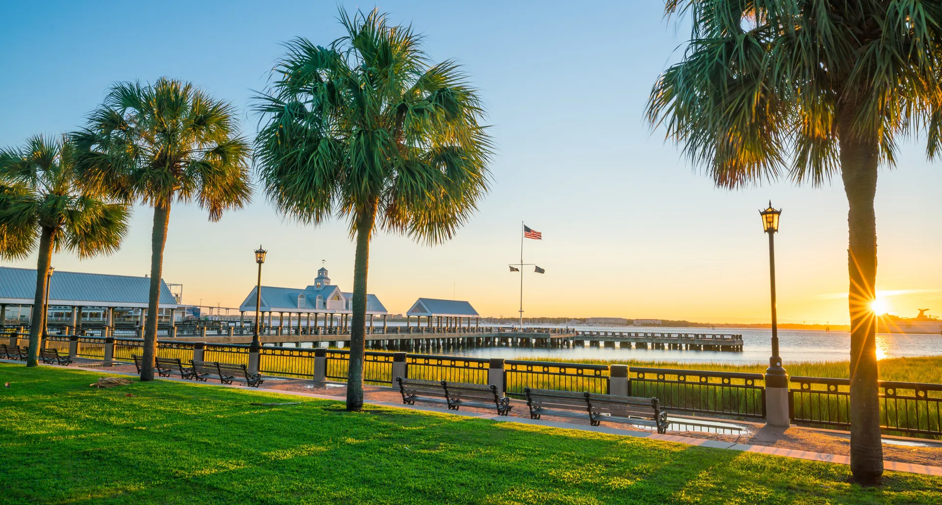 Sunrise over Charleston Waterfront Park with the Pineapple Fountain and harbor pier